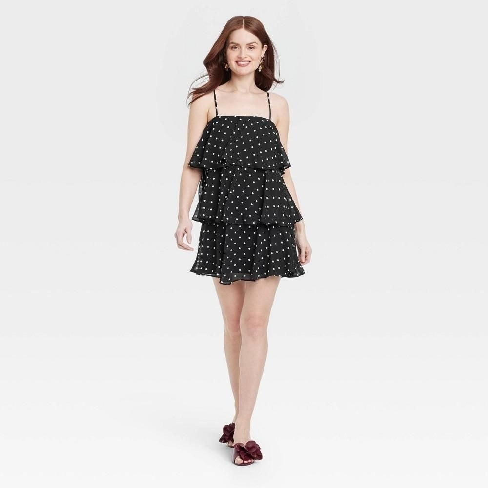 Women's Tiered Ruffle Mini Shift Dress - a New Day™ Black/White Polka Dots Small